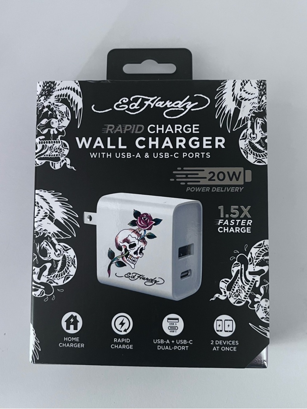 Ed Hardy Rapid Charge Wall Charger with Skull & Rose Tattoo Graphic